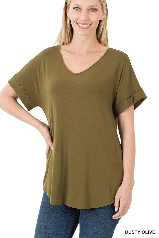 Zenana Luxe Rayon Short Cuff Sleeve V-Neck Round Hem Top