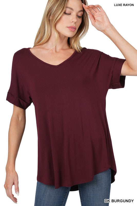 Zenana Luxe Rayon Short Cuff Sleeve V-Neck Round Hem Top - Online Only