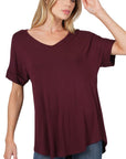 Zenana Luxe Rayon Short Cuff Sleeve V-Neck Round Hem Top - Online Only