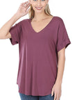 Zenana Luxe Rayon Short Cuff Sleeve V-Neck Round Hem Top