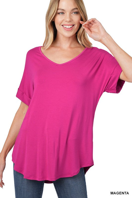 Zenana Luxe Rayon Short Cuff Sleeve V-Neck Round Hem Top - Online Only