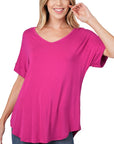 Zenana Luxe Rayon Short Cuff Sleeve V-Neck Round Hem Top - Online Only