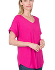 Zenana Luxe Rayon Short Cuff Sleeve V-Neck Round Hem Top - Online Only