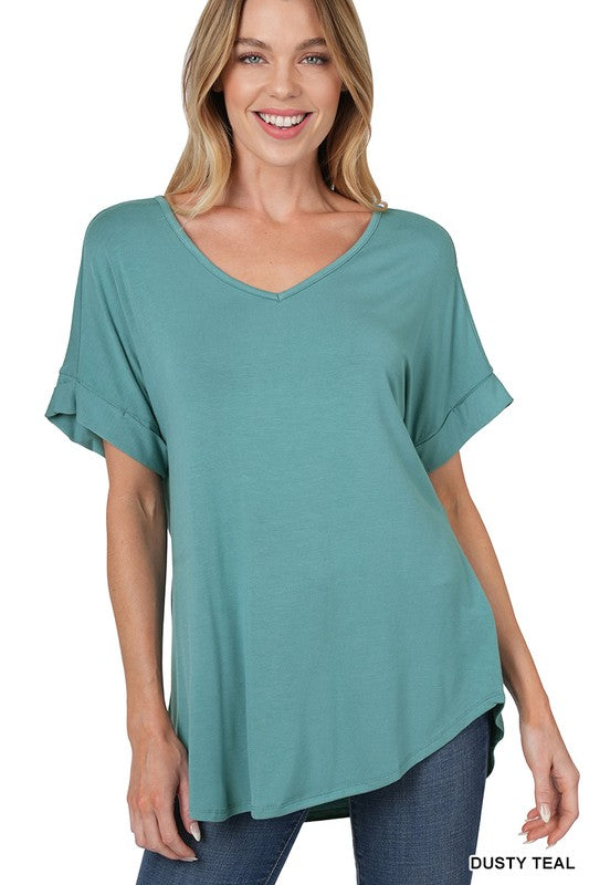 Zenana Luxe Rayon Short Cuff Sleeve V-Neck Round Hem Top