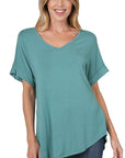 Zenana Luxe Rayon Short Cuff Sleeve V-Neck Round Hem Top