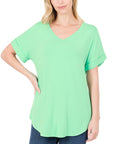 Zenana Luxe Rayon Short Cuff Sleeve V-Neck Round Hem Top