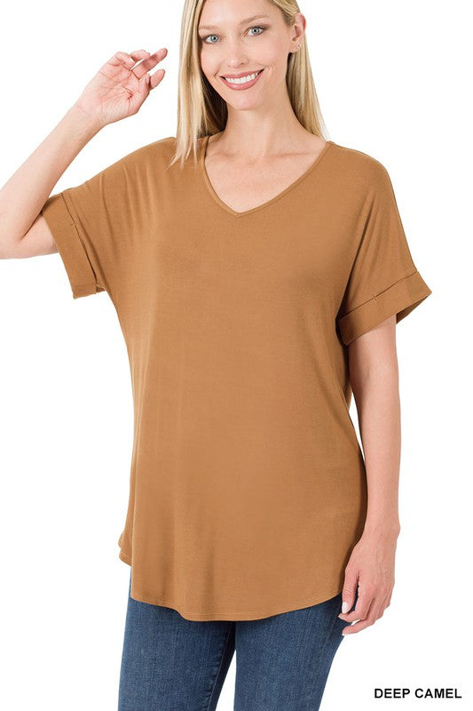 Zenana Luxe Rayon Short Cuff Sleeve V-Neck Round Hem Top