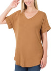 Zenana Luxe Rayon Short Cuff Sleeve V-Neck Round Hem Top