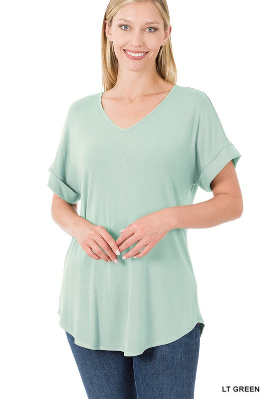 Zenana Luxe Rayon Short Cuff Sleeve V-Neck Round Hem Top - Online Only