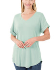 Zenana Luxe Rayon Short Cuff Sleeve V-Neck Round Hem Top - Online Only