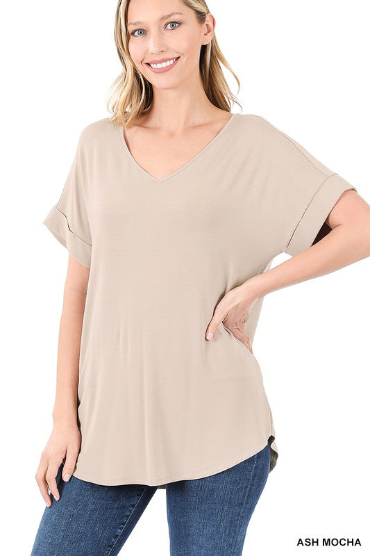 Zenana Luxe Rayon Short Cuff Sleeve V-Neck Round Hem Top - Online Only