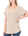 Zenana Luxe Rayon Short Cuff Sleeve V-Neck Round Hem Top