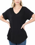 Zenana Luxe Rayon Short Cuff Sleeve V-Neck Round Hem Top