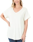 Zenana Luxe Rayon Short Cuff Sleeve V-Neck Round Hem Top