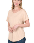 Zenana Luxe Rayon Short Cuff Sleeve V-Neck Round Hem Top - Online Only