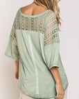 Sz M POL Feminine Boho Crochet Sleeve Top in Sage