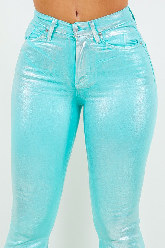 GJG Denim Metallic Bell Bottom Jean in Turquoise - Inseam 32