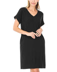 Zenana Rolled Short Sleeve V-Neck Dress - My Pampered Life Seattle