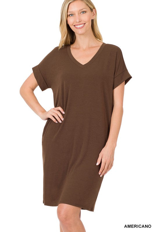 Zenana Rolled Short Sleeve V-Neck Dress