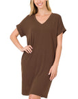 Zenana Rolled Short Sleeve V-Neck Dress - My Pampered Life Seattle