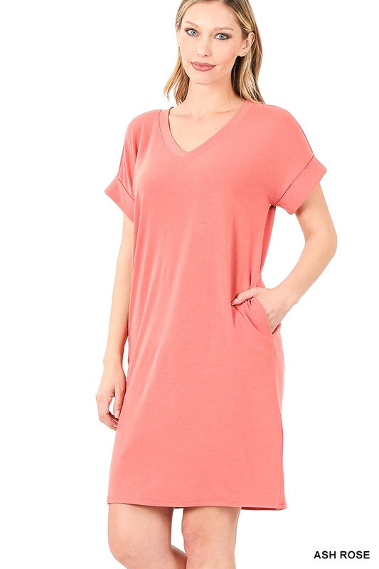 Zenana Rolled Short Sleeve V-Neck Dress - Online Only