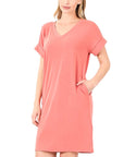 Zenana Rolled Short Sleeve V-Neck Dress - Online Only