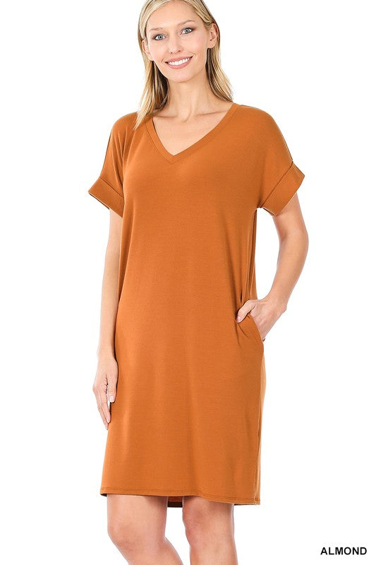 Zenana Rolled Short Sleeve V-Neck Dress - Online Only