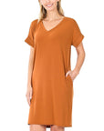 Zenana Rolled Short Sleeve V-Neck Dress - Online Only