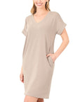 Zenana Rolled Short Sleeve V-Neck Dress - My Pampered Life Seattle