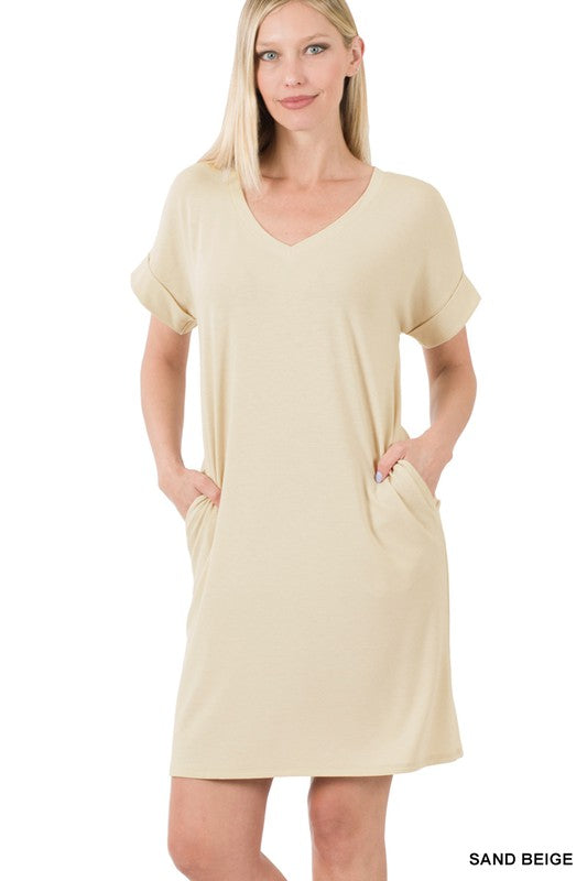 Zenana Rolled Short Sleeve V-Neck Dress