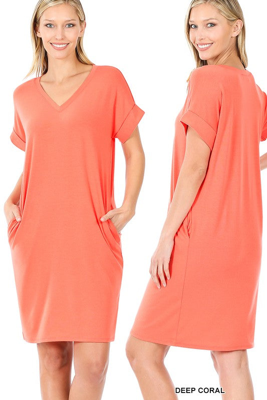 Zenana Rolled Short Sleeve V-Neck Dress - Online Only