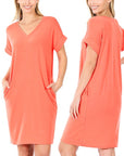 Zenana Rolled Short Sleeve V-Neck Dress - Online Only