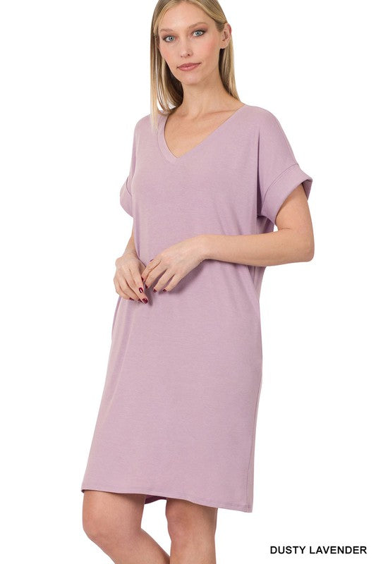 Zenana Rolled Short Sleeve V-Neck Dress