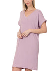 Zenana Rolled Short Sleeve V-Neck Dress - Online Only