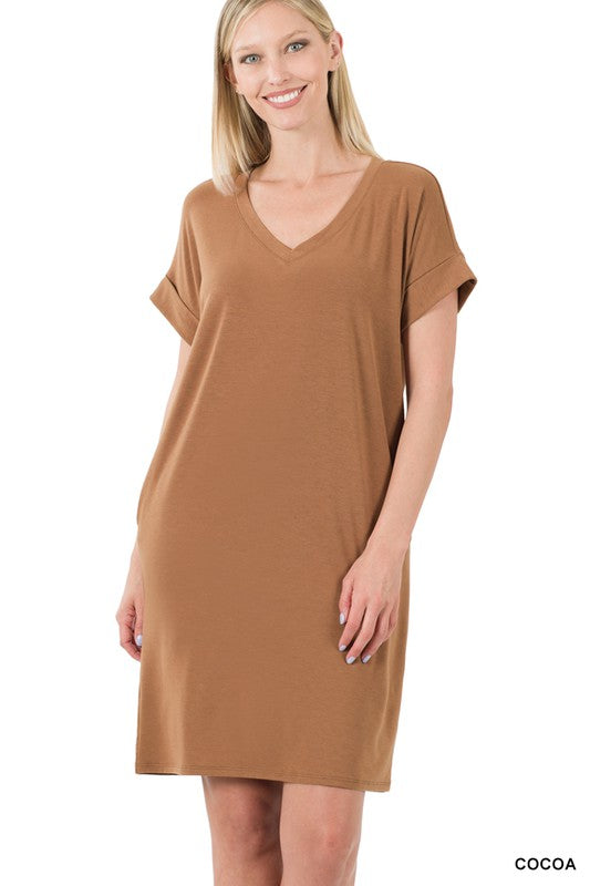 Zenana Rolled Short Sleeve V-Neck Dress - Online Only