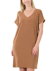 Zenana Rolled Short Sleeve V-Neck Dress - My Pampered Life Seattle