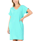 Zenana Rolled Short Sleeve V-Neck Dress - Online Only