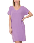 Zenana Rolled Short Sleeve V-Neck Dress - Online Only