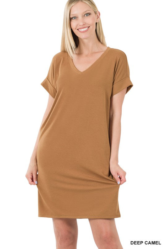 Zenana Rolled Short Sleeve V-Neck Dress