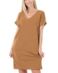 Zenana Rolled Short Sleeve V-Neck Dress - My Pampered Life Seattle