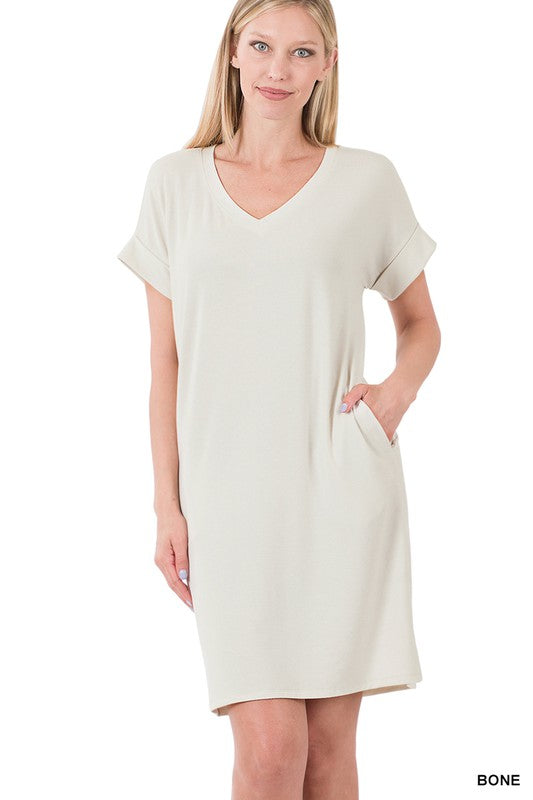 Zenana Rolled Short Sleeve V-Neck Dress - Online Only