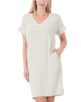 Zenana Rolled Short Sleeve V-Neck Dress - My Pampered Life Seattle