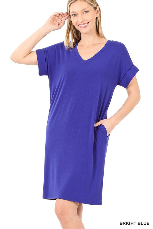 Zenana Rolled Short Sleeve V-Neck Dress