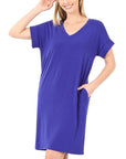 Zenana Rolled Short Sleeve V-Neck Dress - Online Only