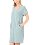 Zenana Rolled Short Sleeve V-Neck Dress - My Pampered Life Seattle