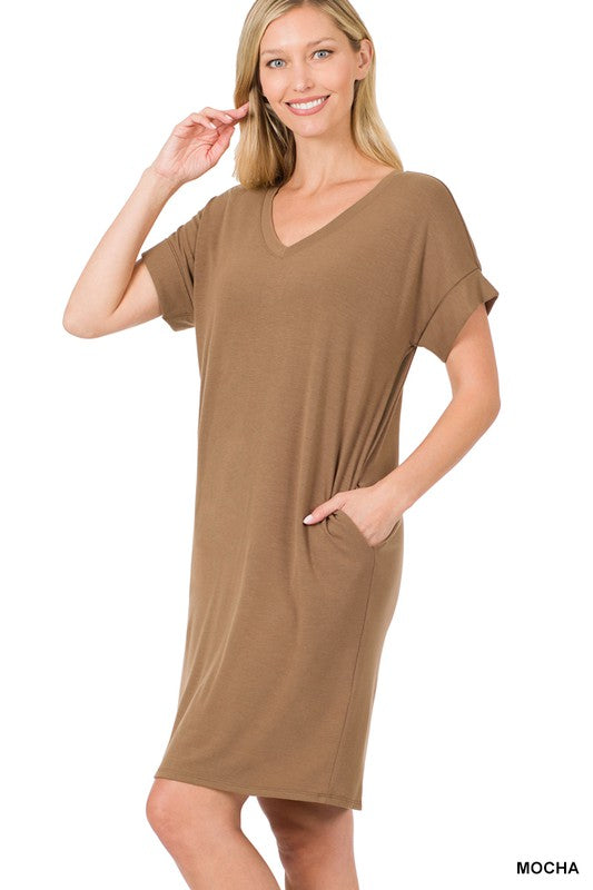 Zenana Rolled Short Sleeve V-Neck Dress