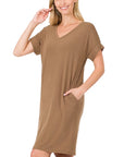 Zenana Rolled Short Sleeve V-Neck Dress - My Pampered Life Seattle