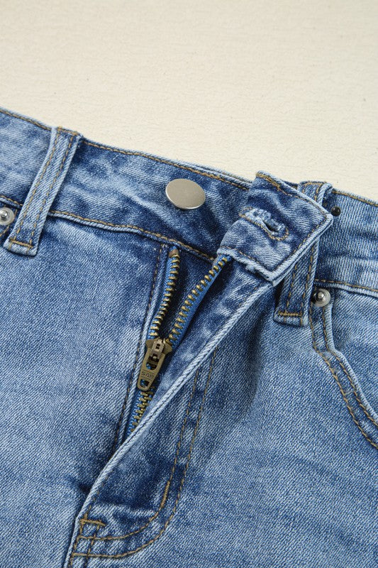 Denim Asymmetrical Distressed Midi Skirt