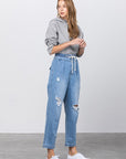 Denim Lab USA Super High Waist Drawstring Ripped Slouch Jeans