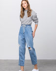 Denim Lab USA Super High Waist Drawstring Ripped Slouch Jeans